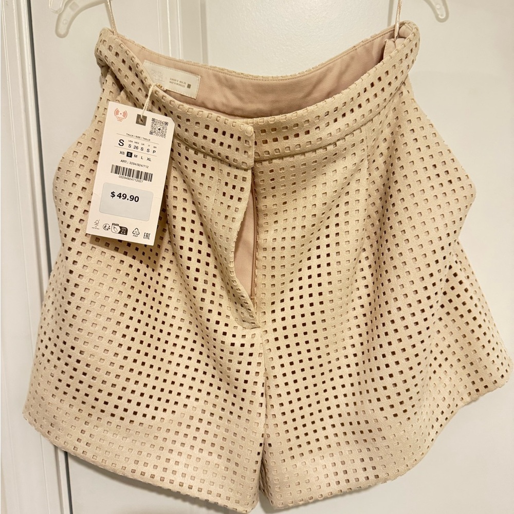 Zara Cream Laser-Cut High-Waist Shorts